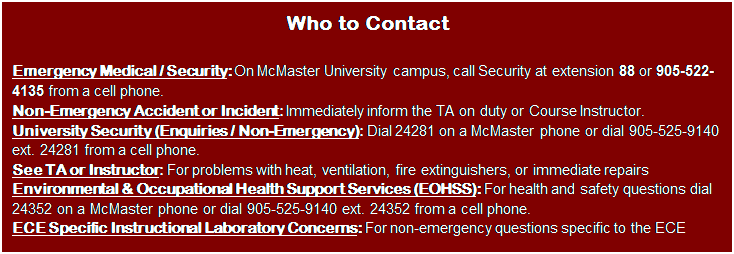 Text Box: Who to Contact

Emergency Medical / Security: On McMaster University campus, call Security at extension 88 or 905-522-4135 from a cell phone.
Non-Emergency Accident or Incident: Immediately inform the TA on duty or Course Instructor.
University Security (Enquiries / Non-Emergency): Dial 24281 on a McMaster phone or dial 905-525-9140 ext. 24281 from a cell phone.
See TA or Instructor: For problems with heat, ventilation, fire extinguishers, or immediate repairs 
Environmental & Occupational Health Support Services (EOHSS): For health and safety questions dial 24352 on a McMaster phone or dial 905-525-9140 ext. 24352 from a cell phone.
ECE Specific Instructional Laboratory Concerns: For non-emergency questions specific to the ECE laboratories, please contact 24103.

